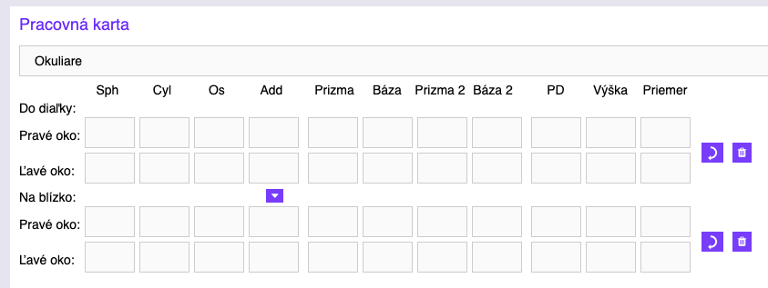 Preusporiadané parametre v pracovnej karte